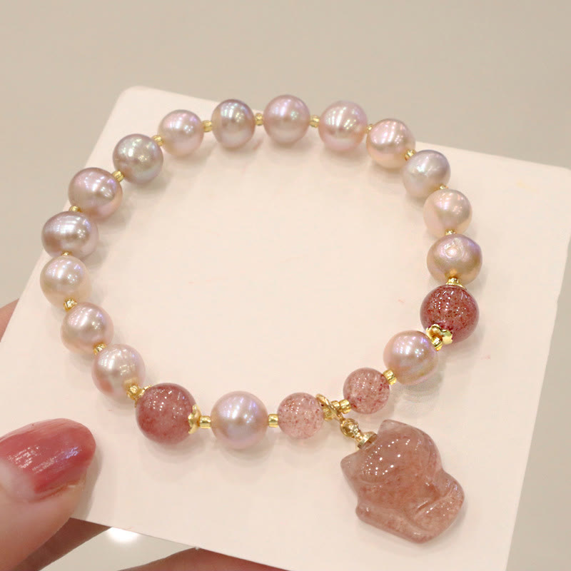 Buddha Stones天然パール ストロベリークォーツ キュートフォックス ラブヒーリングチャームブレスレット