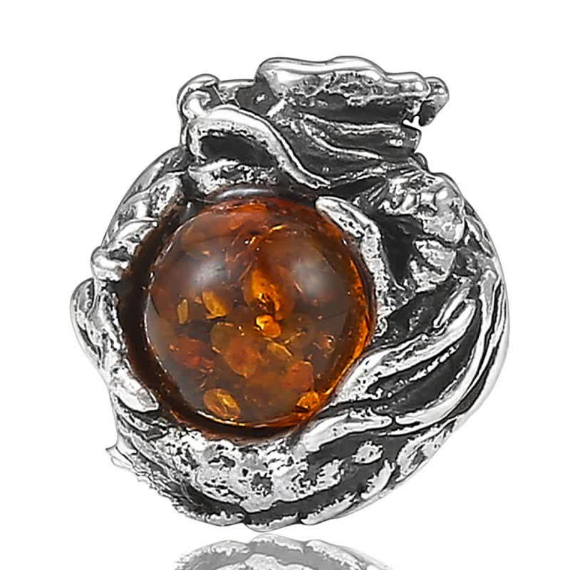 Buddha Stones925スターリングシルバー 天然琥珀 ドラゴン 成功の守護 スタッドピアス