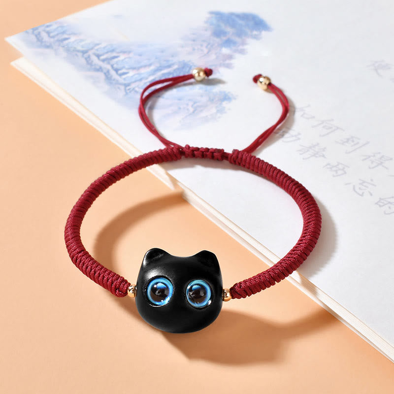 Buddha Stones、黒檀、猫の頭の模様、平和、キングコングの結び目、編み込みブレスレット - ダークレッドロープ（手首周り14～18cm） - image 1