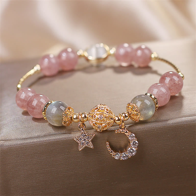 Buddha Stones ストロベリークォーツ＆ムーンストーン 月と星モチーフのラブブレスレット - image 4