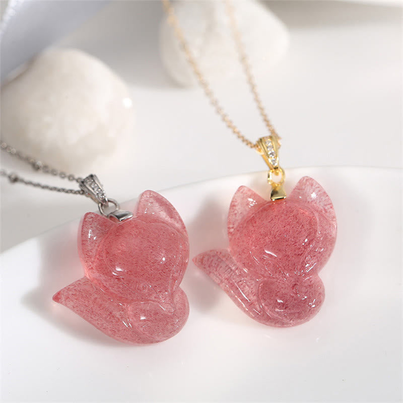 Buddha Stones 14Kゴールドメッキ 925スターリングシルバー ストロベリークォーツ フォックスヒーリングネックレスペンダント