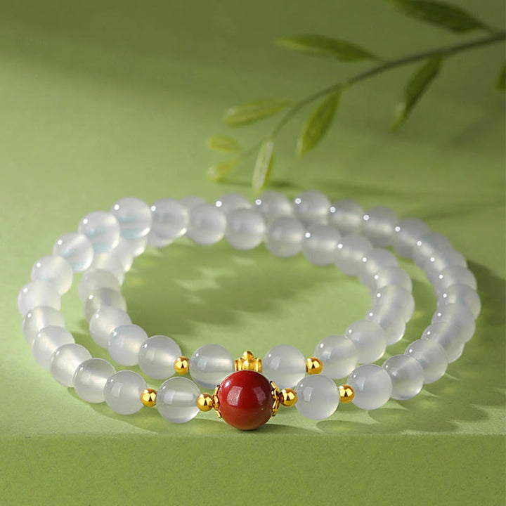 Buddha Stones 925スターリングシルバー 天然ホワイトアゲート 辰砂 ダブルラッププロテクションブレスレット