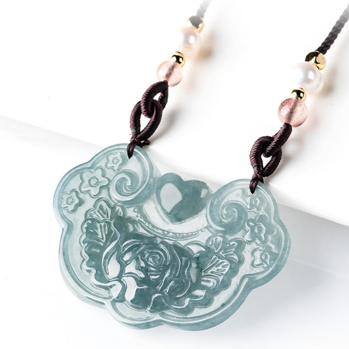 Buddha Stones天然翡翠牡丹花幸運の願いの鍵繁栄ネックレスペンダント