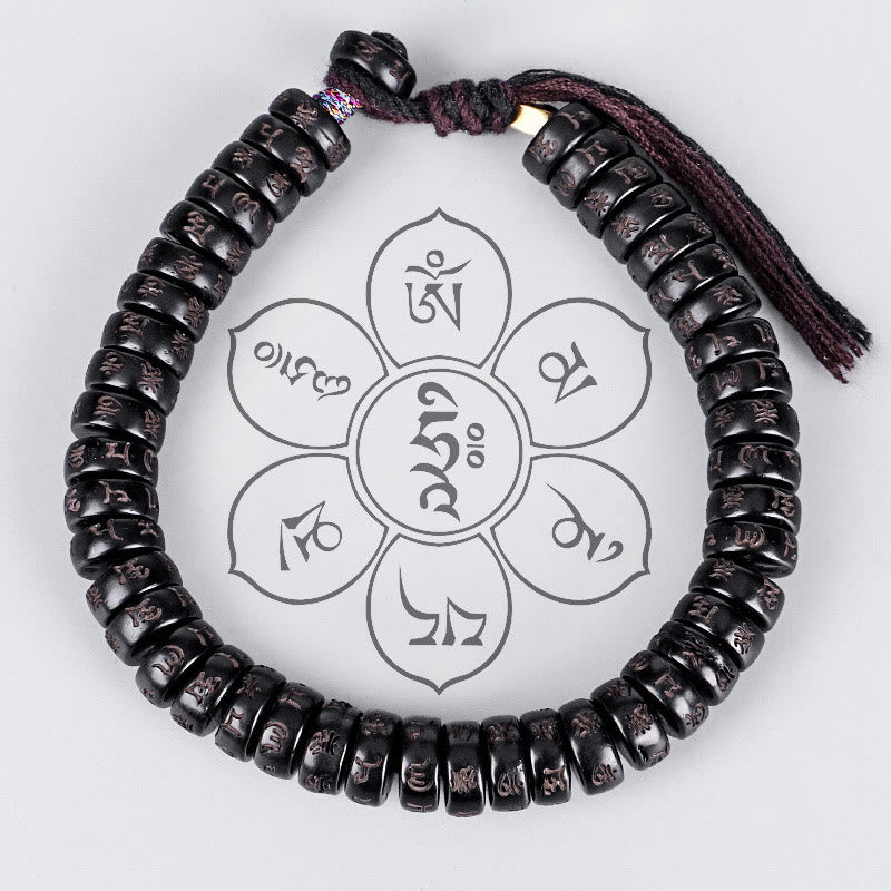 Buddha Stonesチベットココナッツシェルビーズ 彫刻入りオーム・マニ・パドメ・フムマントラ ポジティブストリングブレスレット