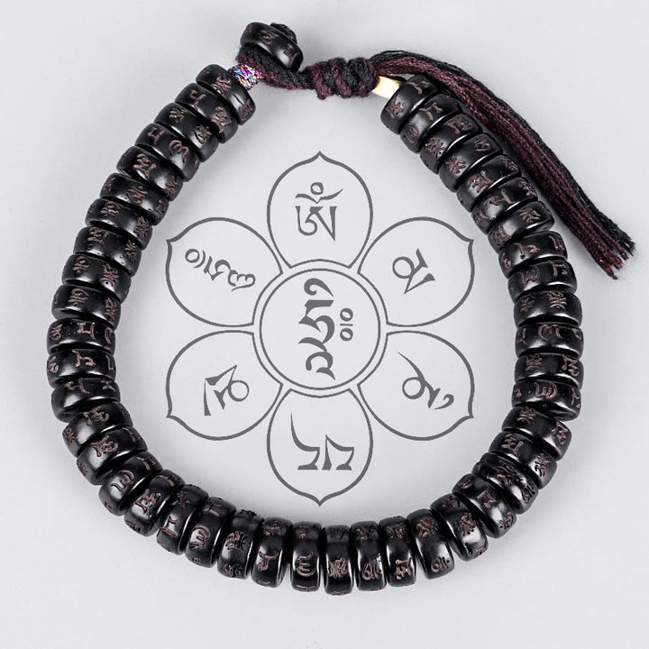 Buddha Stonesチベットココナッツシェルビーズ 彫刻入りオーム・マニ・パドメ・フムマントラ ポジティブストリングブレスレット