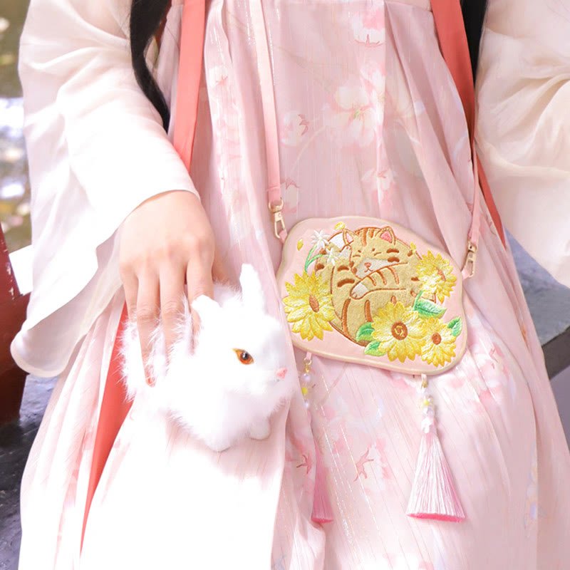 Buddha Stones刺繍のラッキーパンダ猫柴犬鹿ウサギキツネ花かわいい動物漢服バッグクロスボディバッグショルダーバッグ