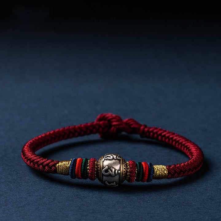 Buddha Stones925 スターリングシルバー チベット ハンドメイドオーム・マニ・パドメ・フム幸運の守護 キングコングノット 編み込みブレスレット