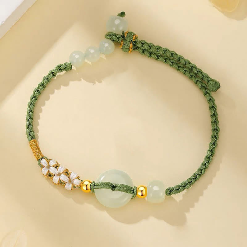 Buddha Stones和田翡翠 平和バックル 幸運 桃の花 編み込みブレスレット