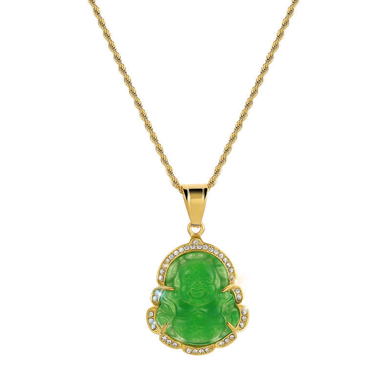 Buddha Stones18K ゴールドフィルド 笑う仏陀 翡翠 幸運のネックレスチェーンペンダント - 緑 - image 3