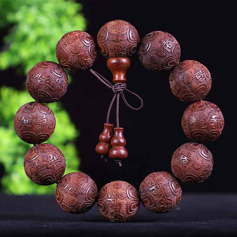 Buddha Stones、中国の十二支、ローズウッド、黒檀、銅貨、貔貅の彫刻、温もりのブレスレット