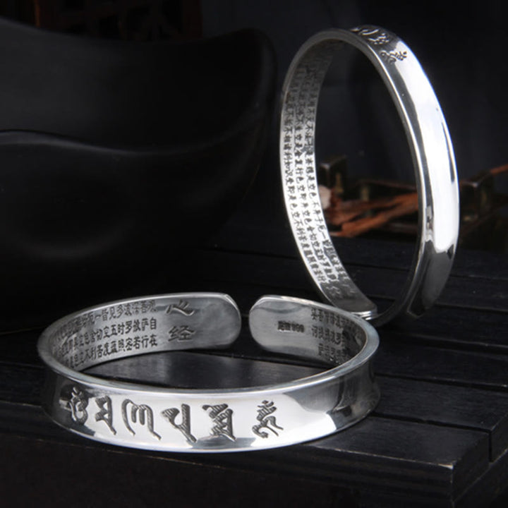 Buddha Stones999スターリングシルバーオーム・マニ・パドメ・フム般若心経 愛と平和のブレスレット バングル