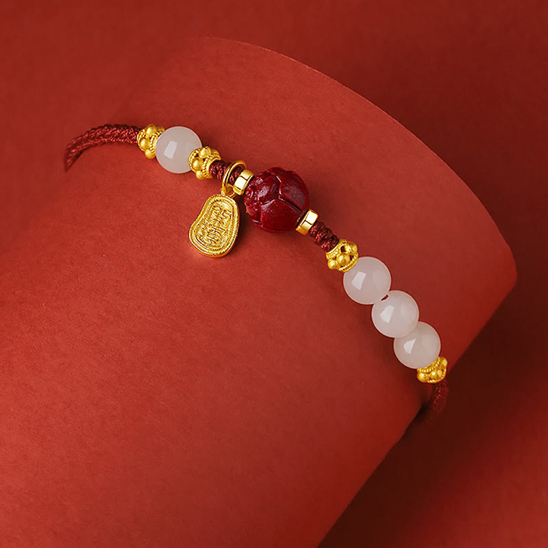 Buddha Stones24K 金メッキ 和田白翡翠 辰砂 蓮華 幸運 ロープ ブレスレット