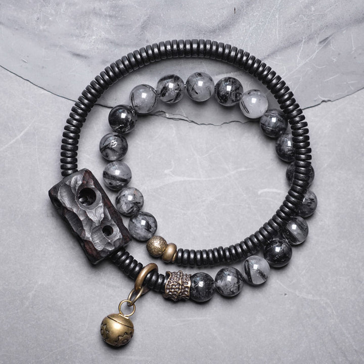 Buddha Stonesブラックルチルクォーツ 黒檀 木 銅 知恵 カップル ブレスレット