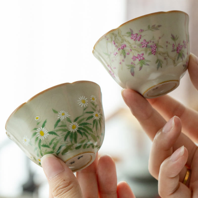 Buddha Stones桃の花 デイジーの花 陶器 ティーカップ カンフーティーカップ