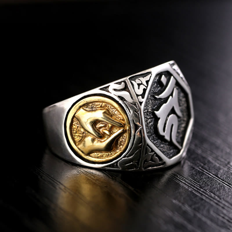 Buddha Stones925 スターリングシルバー サンスクリットデザイン 彫刻入り 保護 調節可能 リング