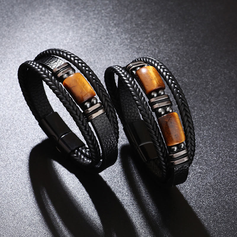 Buddha Stonesタイガーアイ パワー マグネットバックル マルチレイヤーレザーブレスレット