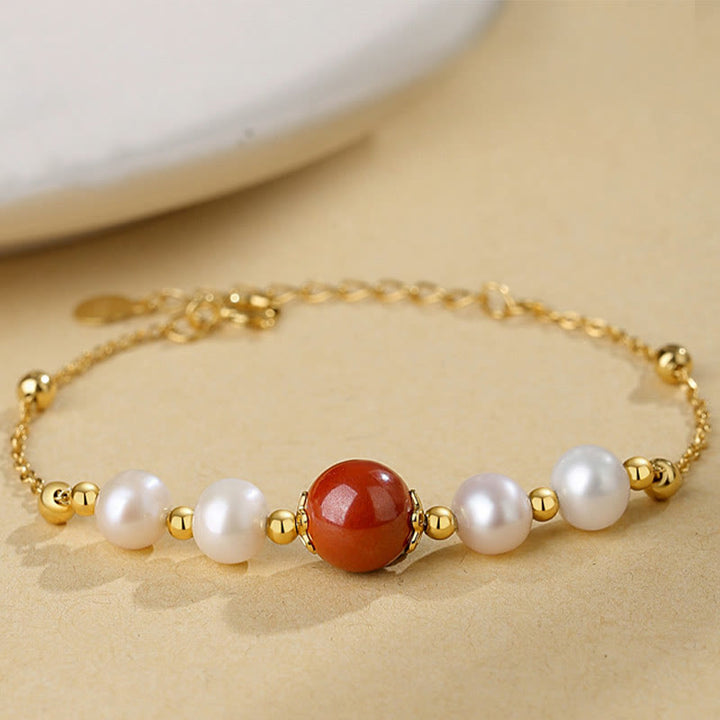 Buddha Stones925スターリングシルバー パール シナバー ヒーリングビーズチェーンブレスレット