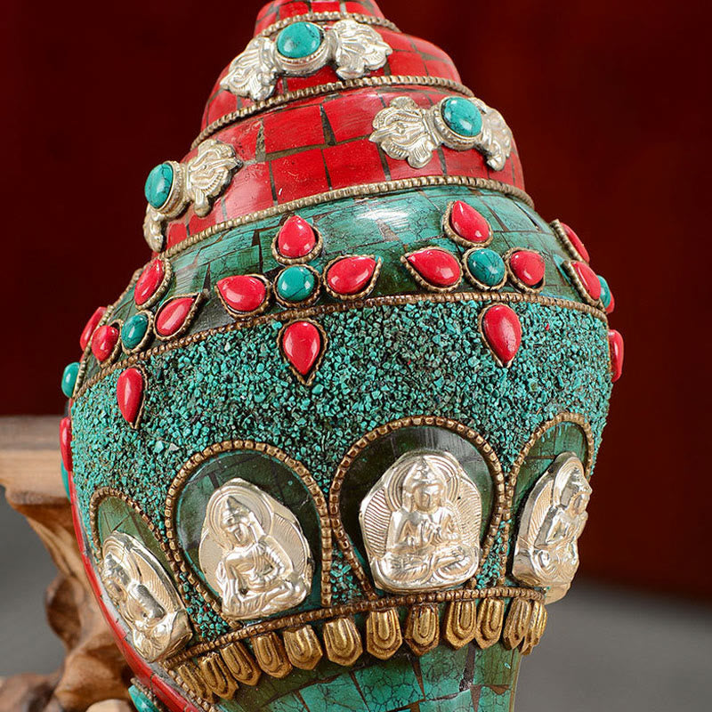 チベット手作り Shankha Om Mani Padme Hum Buddha Avalokitesvara ターコイズ コンクシェル ポジティブ装飾