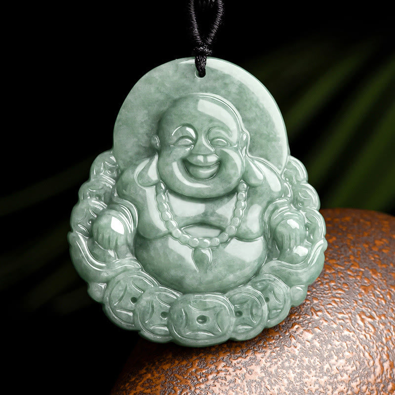 Buddha Stones笑う仏陀 天然翡翠 銅貨 豊穣のネックレスペンダント - 笑い仏（幸せ♥富） - image 1