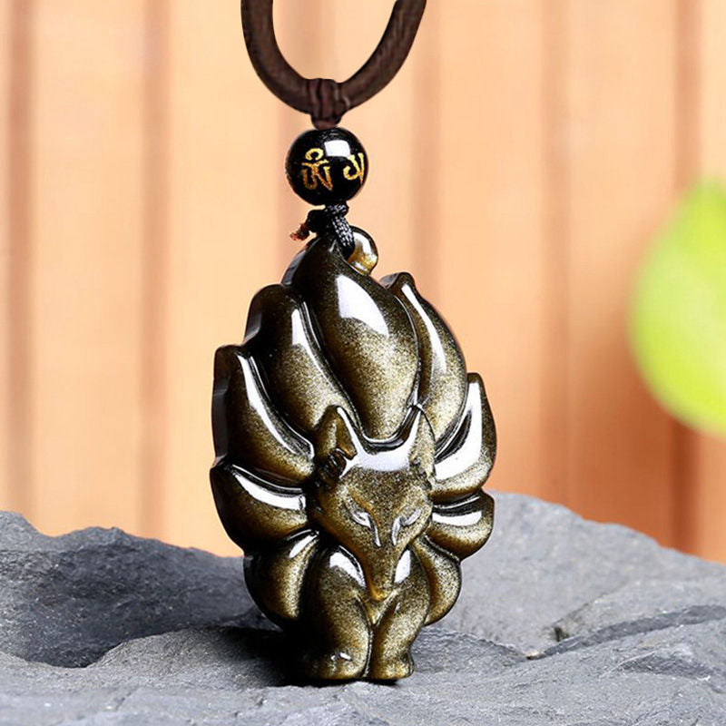 Buddha Stones天然レインボーオブシディアン ゴールドシーンオブシディアン 九尾狐 ポジティブネックレスペンダント