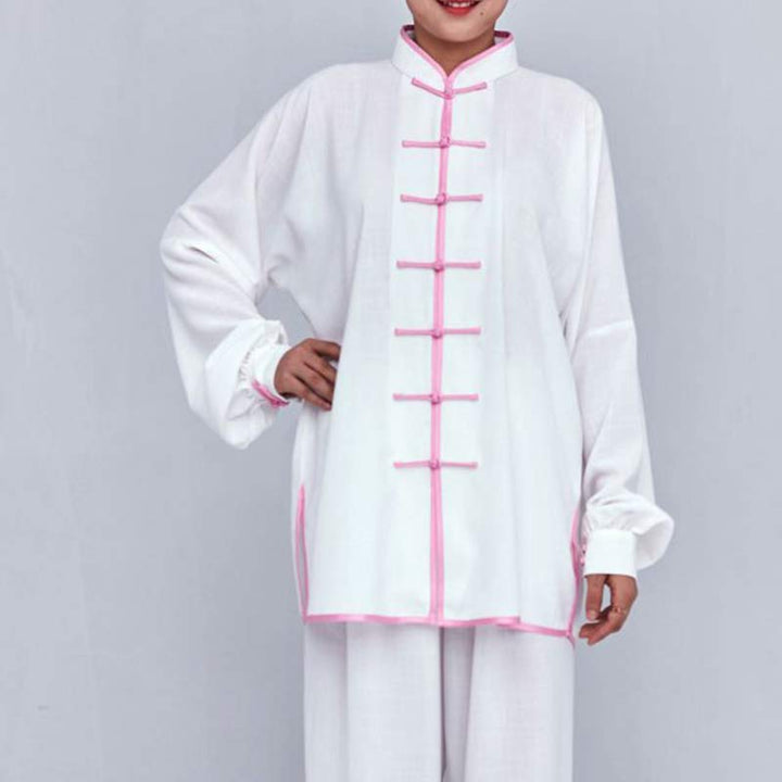 Buddha Stones瞑想禅祈りスピリチュアル太極拳気功練習ユニセックス刺繍服セット - ホワイト+ピンクエッジロングスリーブ - US12、 UK/AU16、 EU44 (2XL) - image 14