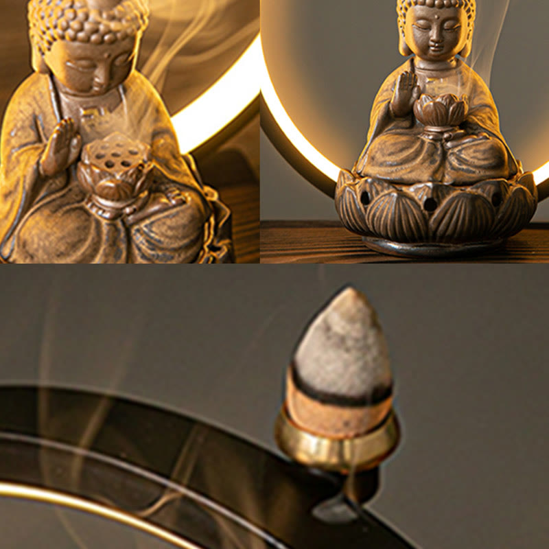 Buddha Stones仏陀 蓮 逆流 煙噴水 陶器 祝福 香炉 ライト装飾付き