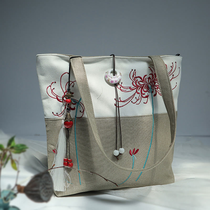 梨花 梅 桃の花 竹刺繍 キャンバス 大容量 ショルダーバッグ トートバッグ