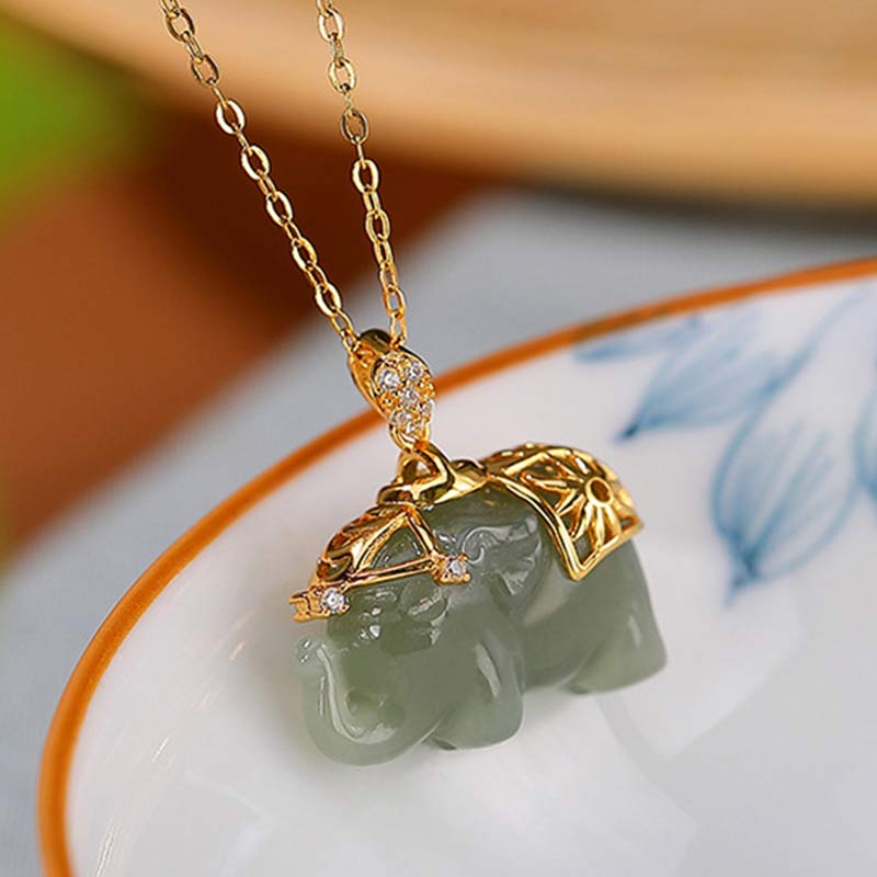 Buddha Stones925スターリングシルバー 翡翠象の幸運の祝福ネックレスチェーンペンダント