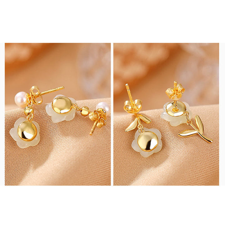 Buddha Stones 925スターリングシルバーメッキゴールド翡翠ローズフラワーシアン翡翠パール幸運イヤリング