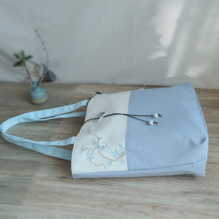 梨花 梅 桃の花 竹刺繍 キャンバス 大容量 ショルダーバッグ トートバッグ