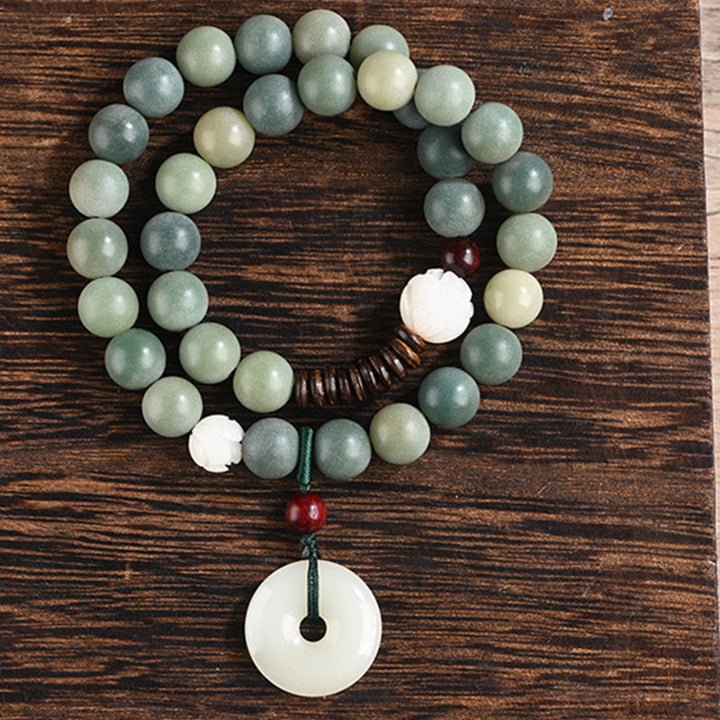 Buddha Stonesシアン菩提樹の種子 蓮の翡翠 平和バックル ウィズダム ダブルラップブレスレット