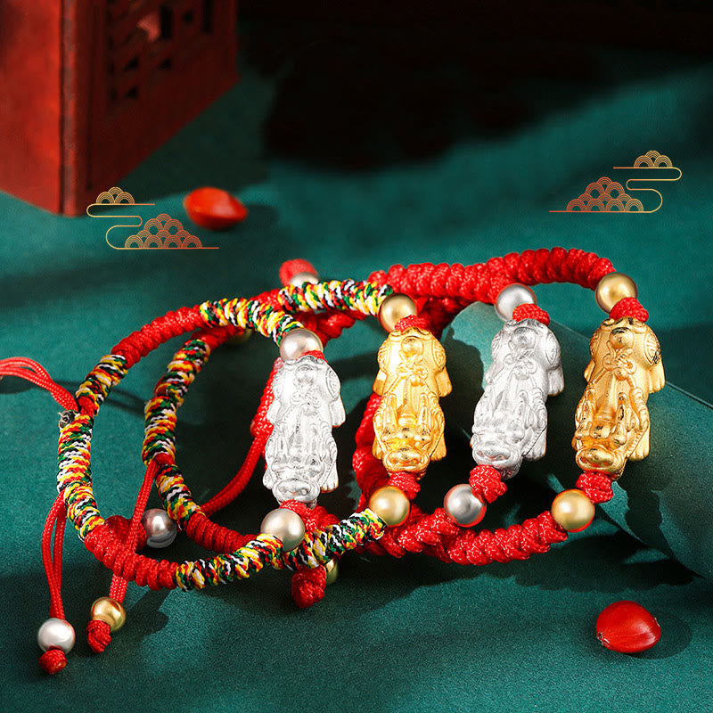 Buddha Stones999 スターリングシルバー 貔貅 富 キングコング ノットストリング 編み込み 子供用ブレスレット
