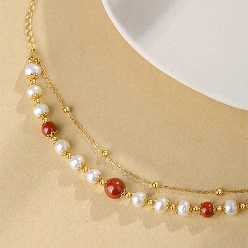 Buddha Stones925スターリングシルバー パール シナバー ウィズダムビーズ ダブルレイヤーチェーンブレスレット