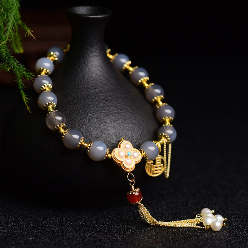 Buddha Stones天然グレー瑪瑙フーキャラクターパールタッセルバランスブレスレット