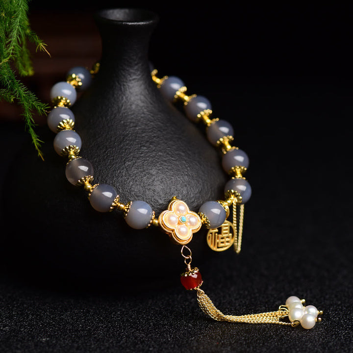 Buddha Stones天然グレー瑪瑙フーキャラクターパールタッセルバランスブレスレット