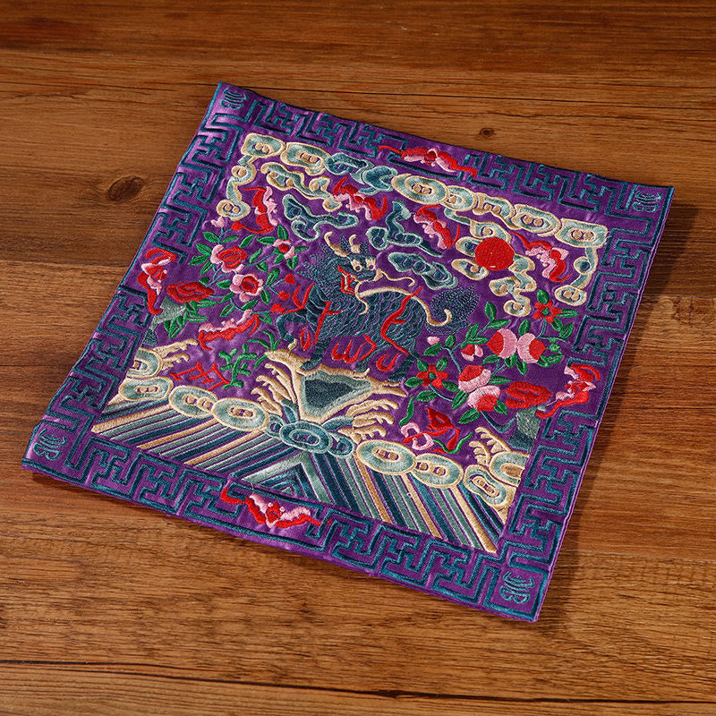 Buddha Stones鳳凰 龍 麒麟 刺繍 カップマットパッド ティーカップコースター スクエア カンフーティーマット