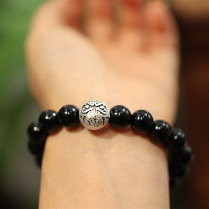 Buddha Stones 925スターリングシルバー ブラックオニキスビーズ キャラクター刻印入り 守護ブレスレット
