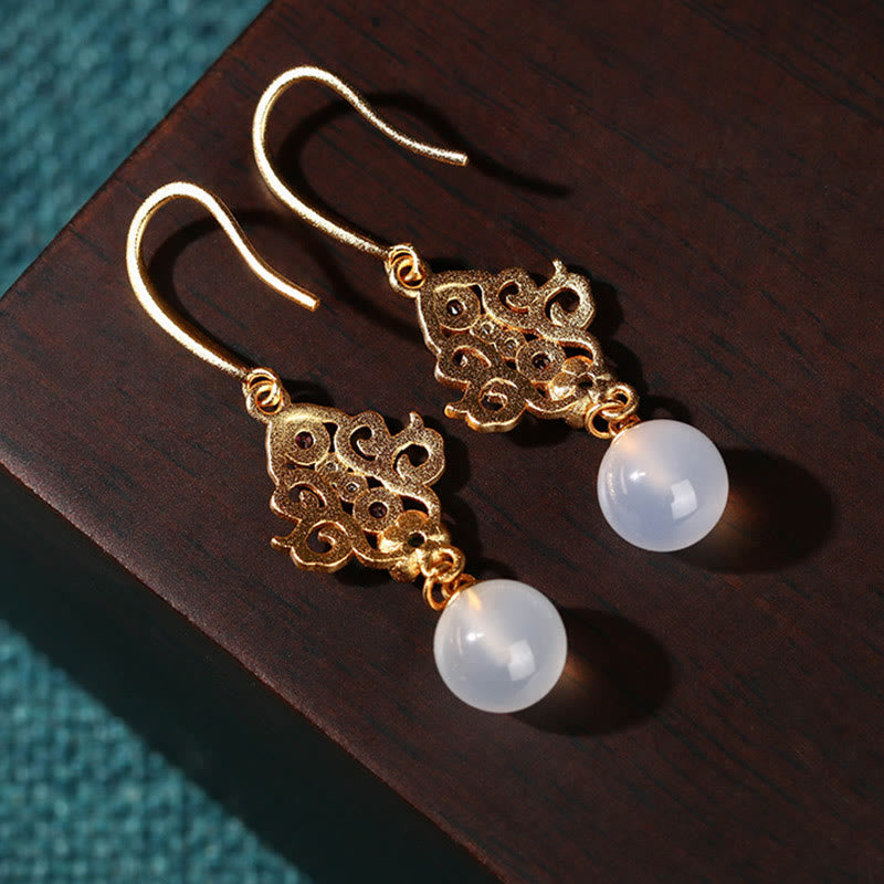 Buddha Stones24Kゴールドメッキ ラウンドカルセドニー ポジティブダングルドロップイヤリング