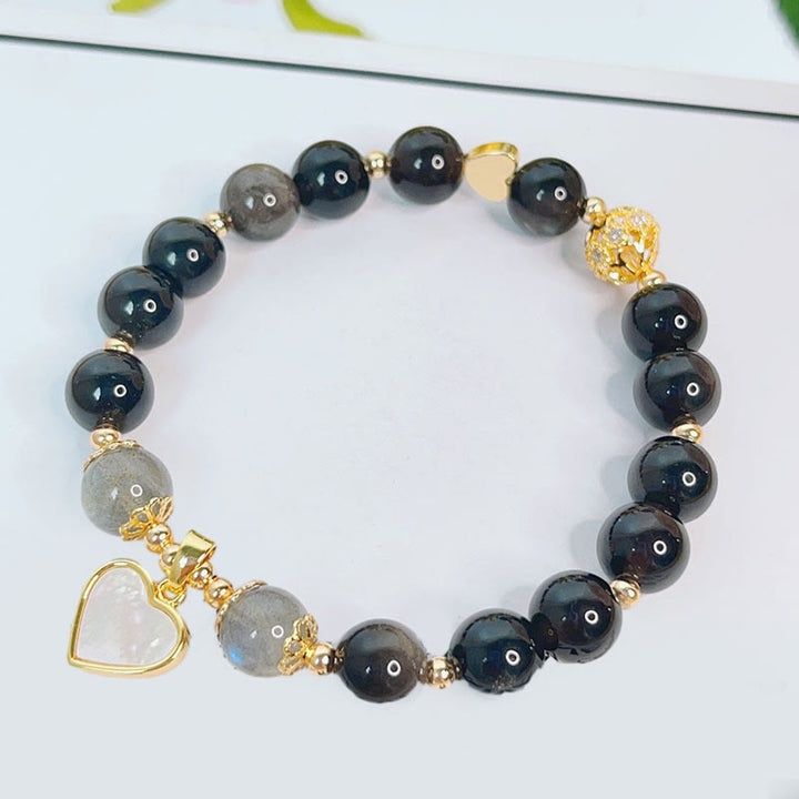 Buddha Stones天然銀光沢黒曜石 ラブハート スターフラワー 守護ブレスレット