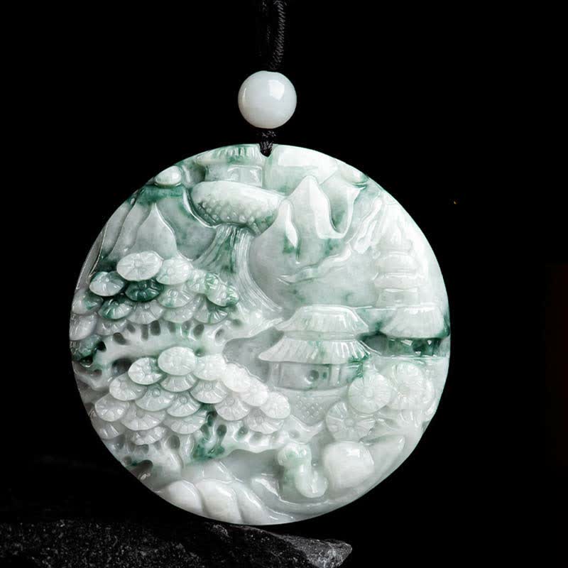 Buddha Stones、山の風景、翡翠の豊かさの紐ネックレス