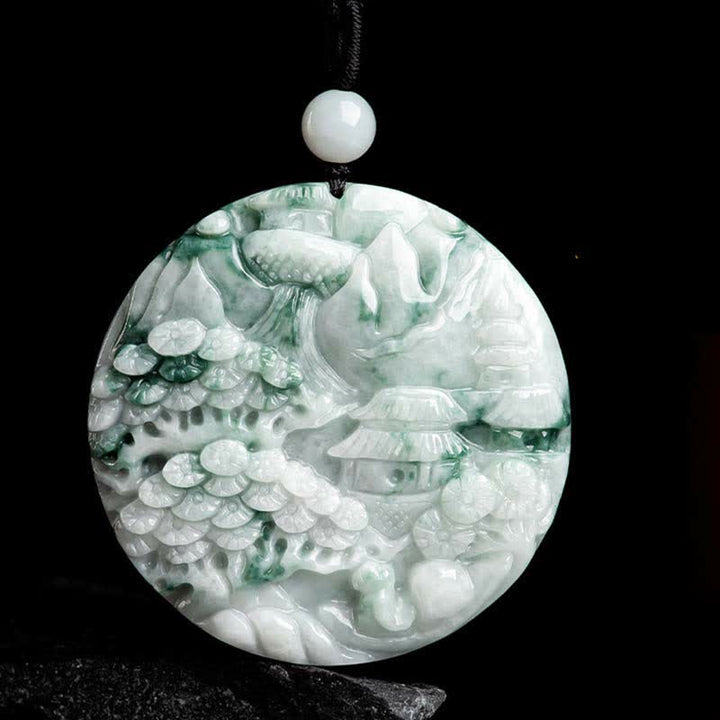 Buddha Stones、山の風景、翡翠の豊かさの紐ネックレス