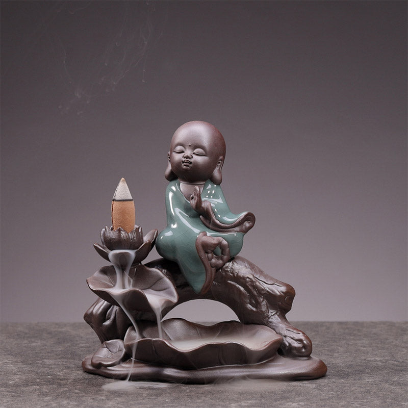 Buddha Stones小さな僧侶 陶器 蓮の祝福 香炉 装飾