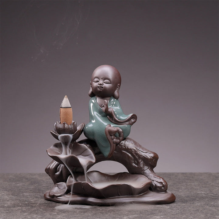 Buddha Stones小さな僧侶 陶器 蓮の祝福 香炉 装飾