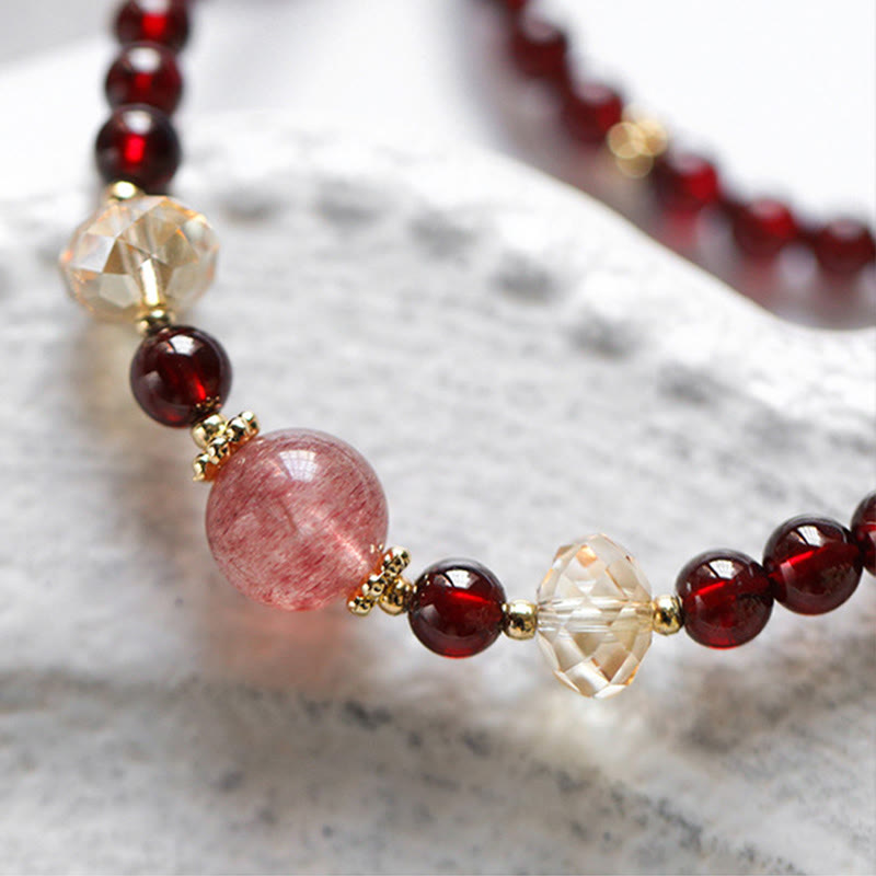 Buddha Stones 14Kゴールドメッキ 天然ガーネット ストロベリークォーツ スタビリティ ダブルラップブレスレット