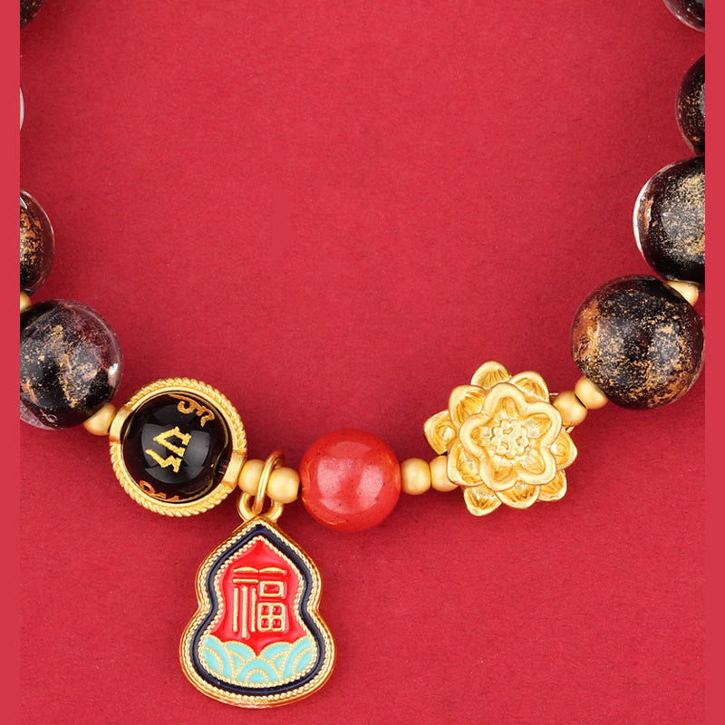 チベットのBuddha Stones、オーム・マニ・パドメ・フムフムフーのキャラクターひょうたんチャーム、蓮華座のガラスビーズ、幸運ブレスレット