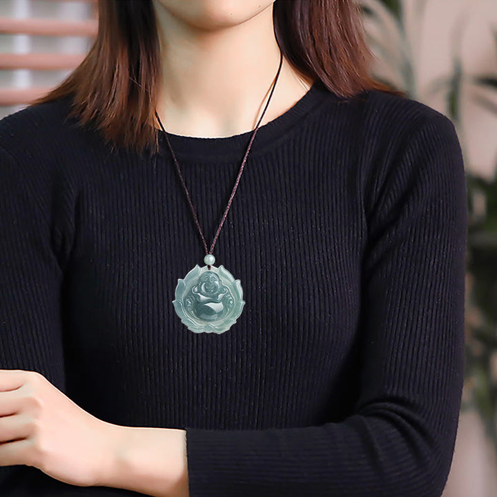 Buddha Stones天然翡翠 笑い仏 蓮の模様 幸運のネックレスペンダント - image 7