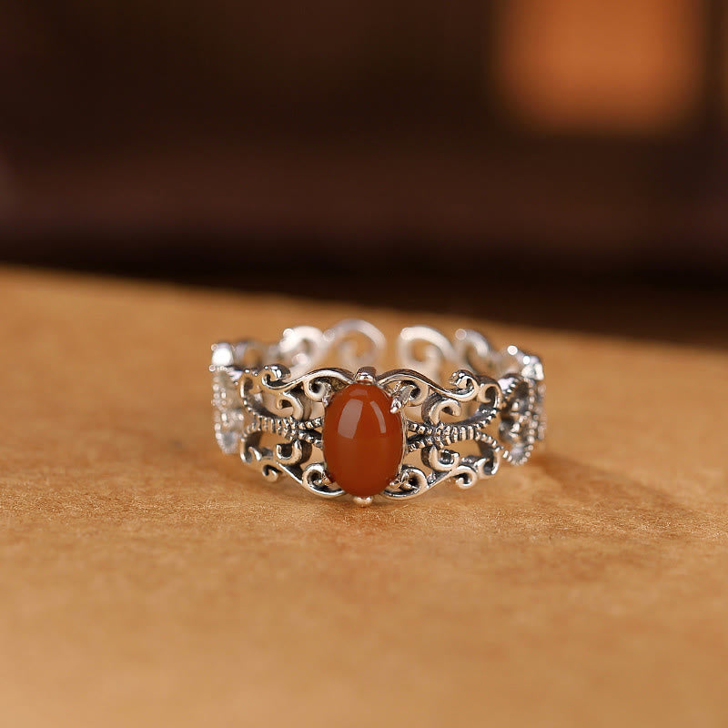 Buddha Stones925スターリングシルバー ヴィンテージ レッドアゲート 自己受容 穏やかリング