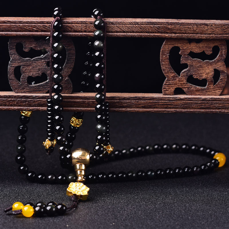 Buddha Stones108 ビーズ 天然黒曜石 蓮 成就Malaブレスレット