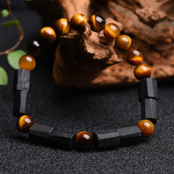 Buddha Stones天然ブラックトルマリン タイガーアイ ポジティブブレスレット