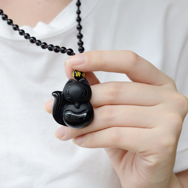 Buddha Stones天然黒曜石 タイガーアイ アイスオブシディアン フォックスペンダント お守りネックレス